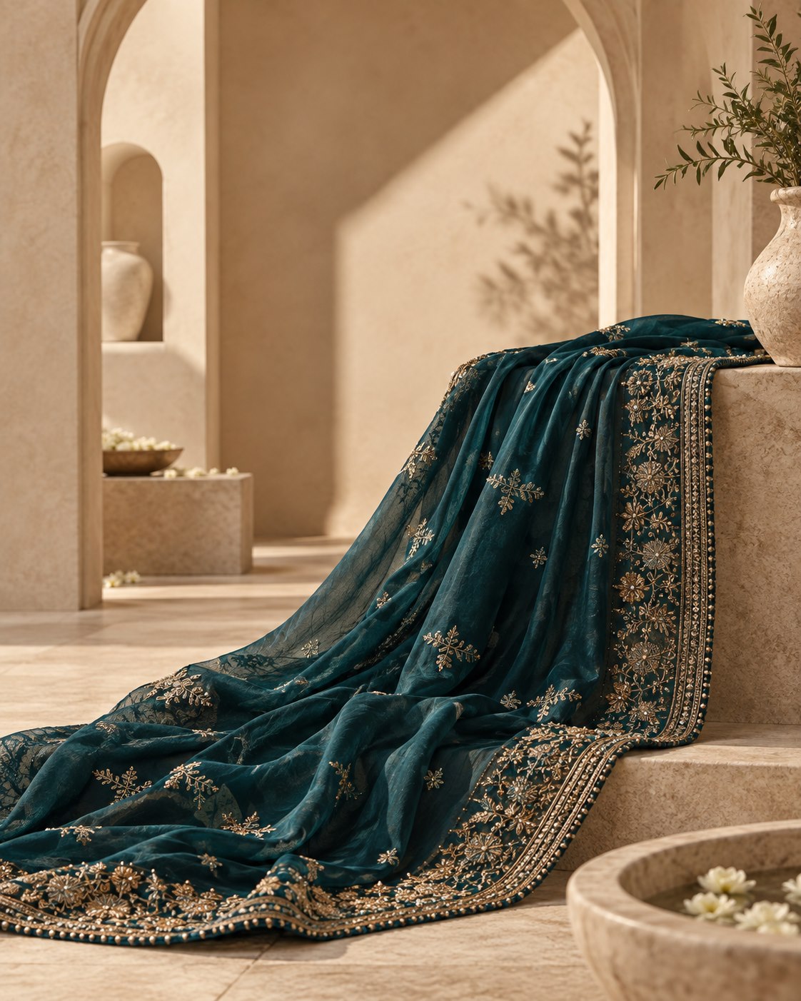 Deep teal embroidered textile in a warm architectural courtyard